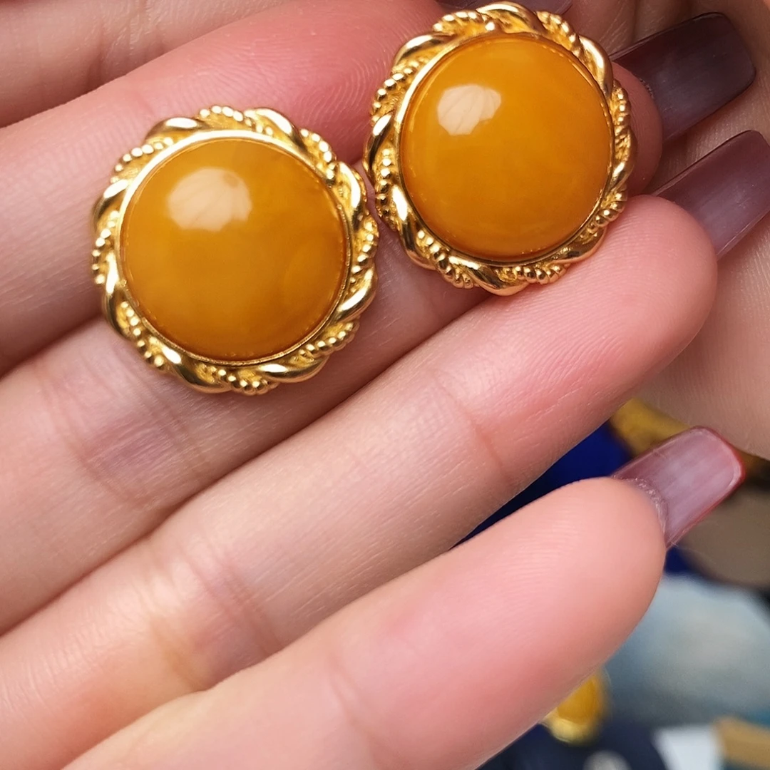 指****蜜蜡银S925镀金镶嵌耳饰
