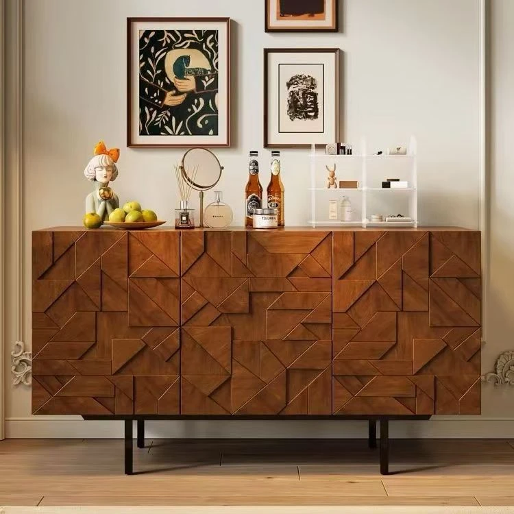 轻奢风边柜雕花餐边柜中古诧寂风储物电视柜黑橡木玄关柜轻奢高档