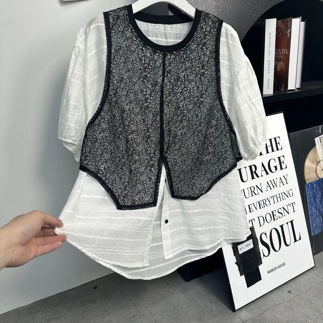 073#春夏新款女圆领蕾丝拼接假两件套泡泡袖衬衫宽松上衣衬衣