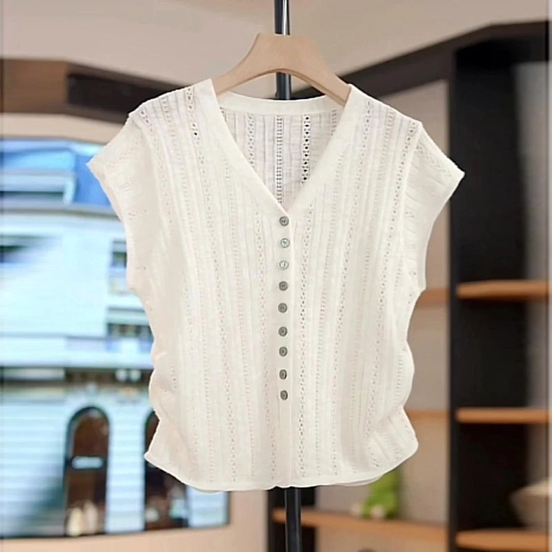 卡莲格镂空冰爽丝短袖V领针织衫T恤女夏季洋气百搭显瘦白色上衣