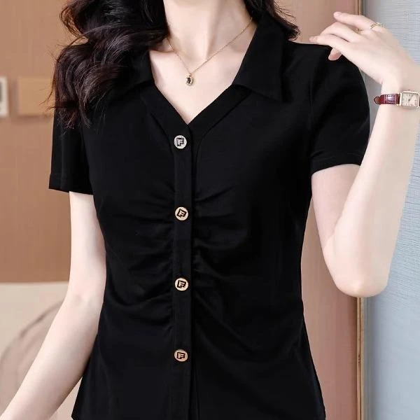 时尚收腰短袖衬衫女夏季新款黑色显瘦T恤POLO套头上衣桑蚕丝小衫