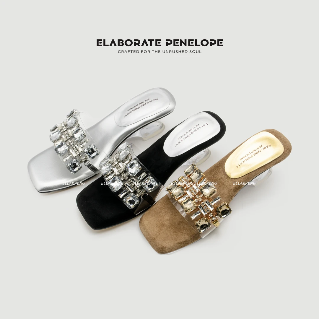 E/P‘STUDIO-5CM时尚仙女风百搭水钻一字带高跟凉拖鞋