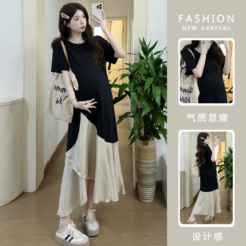 2025新款孕妇夏装短袖连衣裙韩版时尚撞色拼接孕期高级感过膝长裙