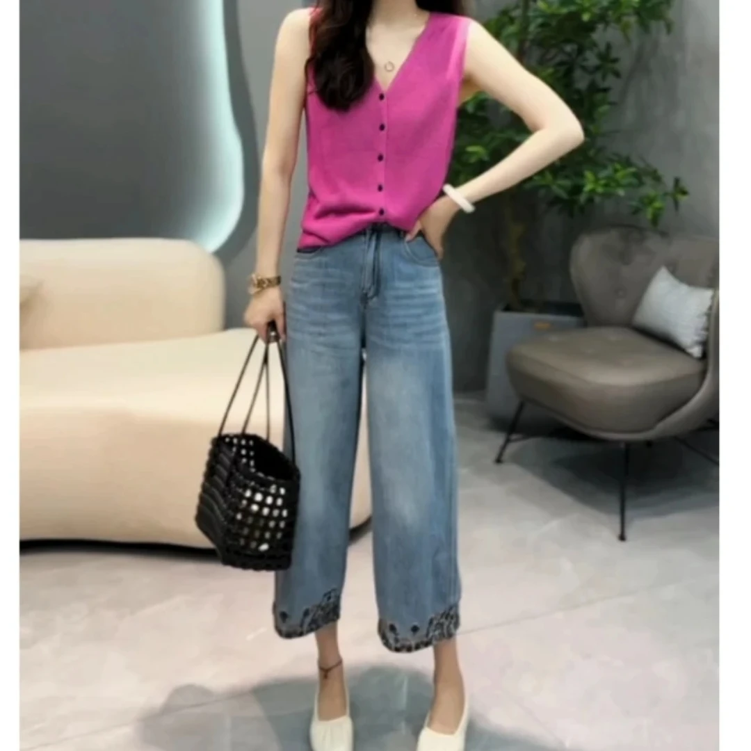 夏季女士高腰显瘦阔腿九分牛仔裤时尚无袖低领上衣