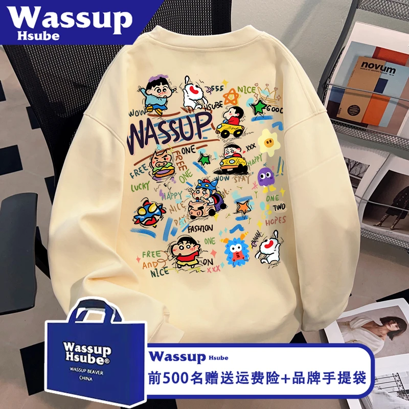 WASSUP童趣风卡通小新印花T恤ins秋冬季杏色上衣男女新款纯棉长袖