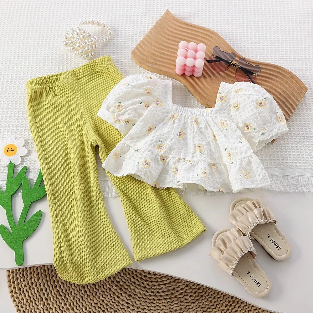 女童夏季套装2025新款时髦洋气泡泡袖阔腿裤碎花儿童娃娃衫两件套