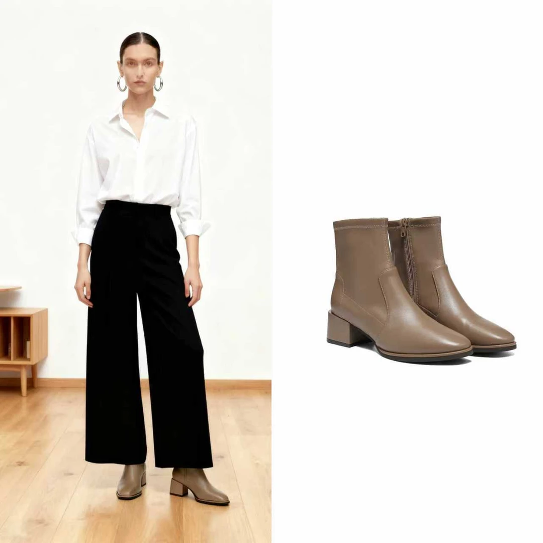 新款时尚甜美潮酷后拉链粗跟圆头时装弹力羊皮短靴2E46306