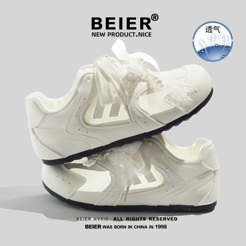 BEIER白色小众丝带蝴蝶结网面鞋2025透气百搭休闲德训小白鞋2603