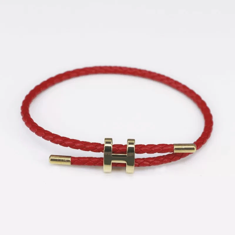 钛钢皮质手链 钛钢电镀18k可调节皮绳手链本命年红绳