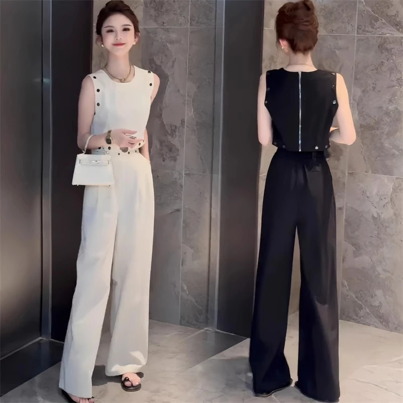 高腰小个子时尚气质套装女夏季新款拉链铆钉无袖上衣阔腿裤两件套