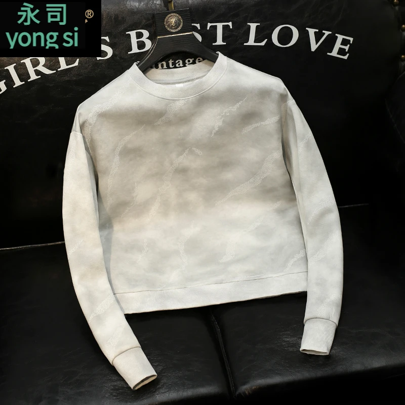 美式覆古男装设计感圆领套头上衣春秋新款时尚百搭休闲风打底衫潮