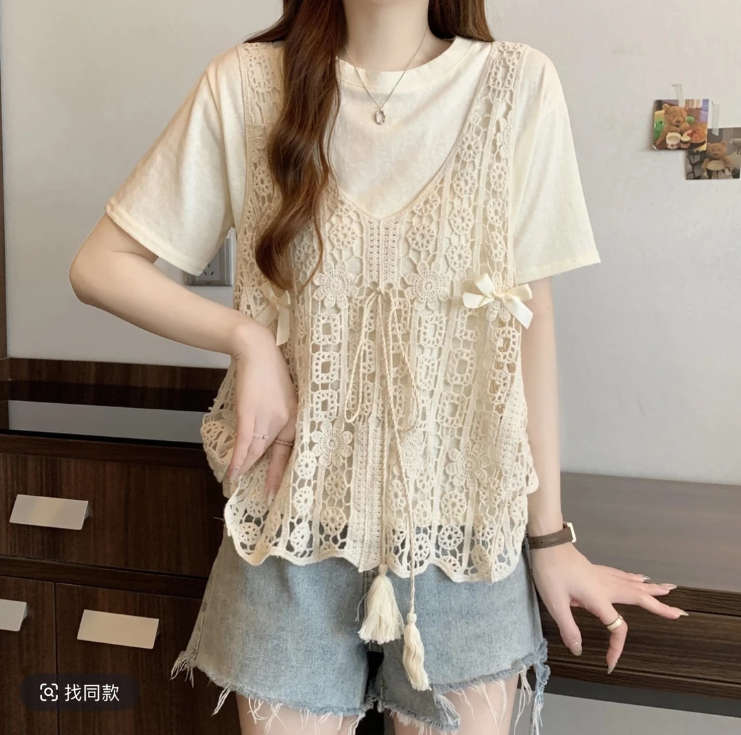 法式别致减龄镂空钩花两件套韩系品质短袖T恤