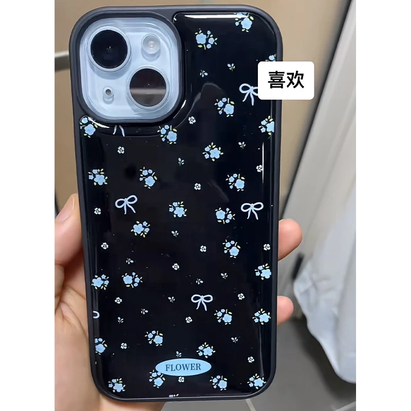 BANCA韩风蓝色碎花适用苹果16/15pro果冻手机壳华为vivo小米oppo
