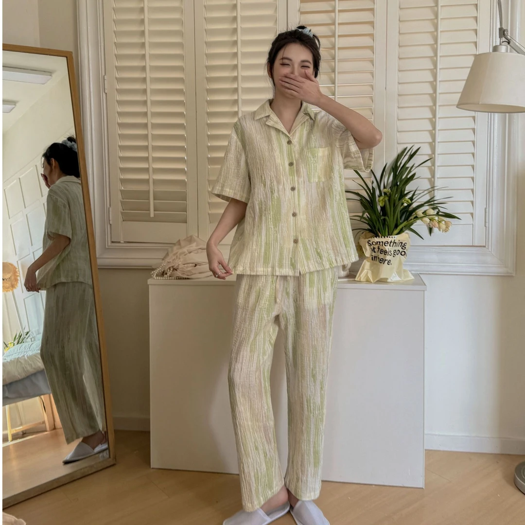 纯棉双层纱[2025春款]情侣男士女士居家服夏季纯棉睡衣短袖长裤