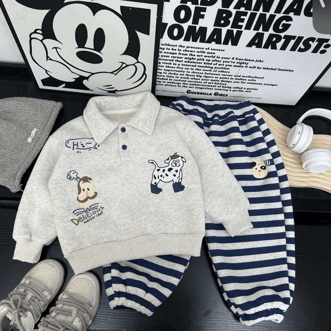 春秋款男女童洋气时尚套装翻领印花上衣条纹裤子时髦潮流童装宝宝