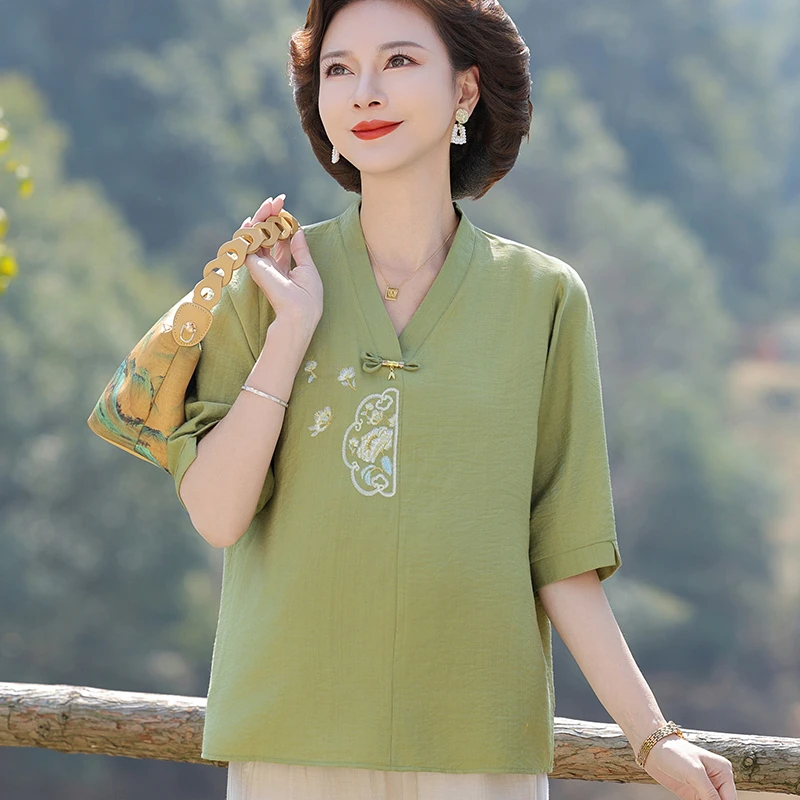 新中式年轻妈妈洋气质高贵小衫短袖夏装t恤套装中老年女上衣新款