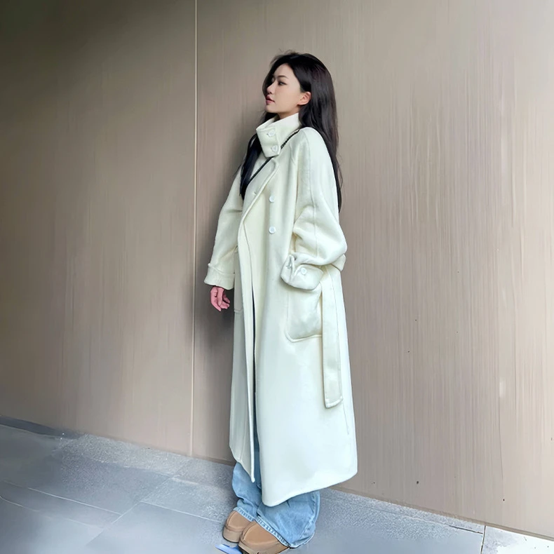新款慵懒风立领羊毛呢子外套长款厚实纯色宽松韩版大衣小个子双面