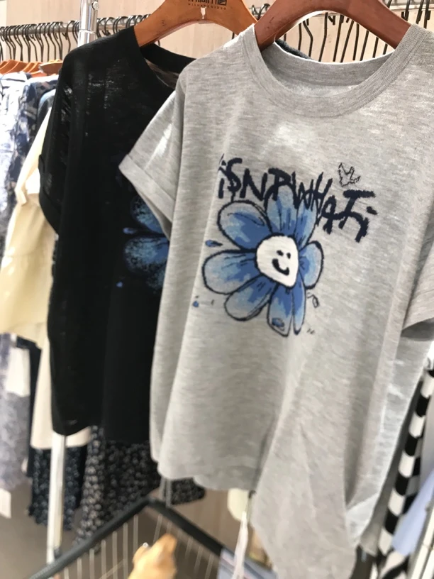 65370笑脸花朵字母提花圆领飞飞袖夏季