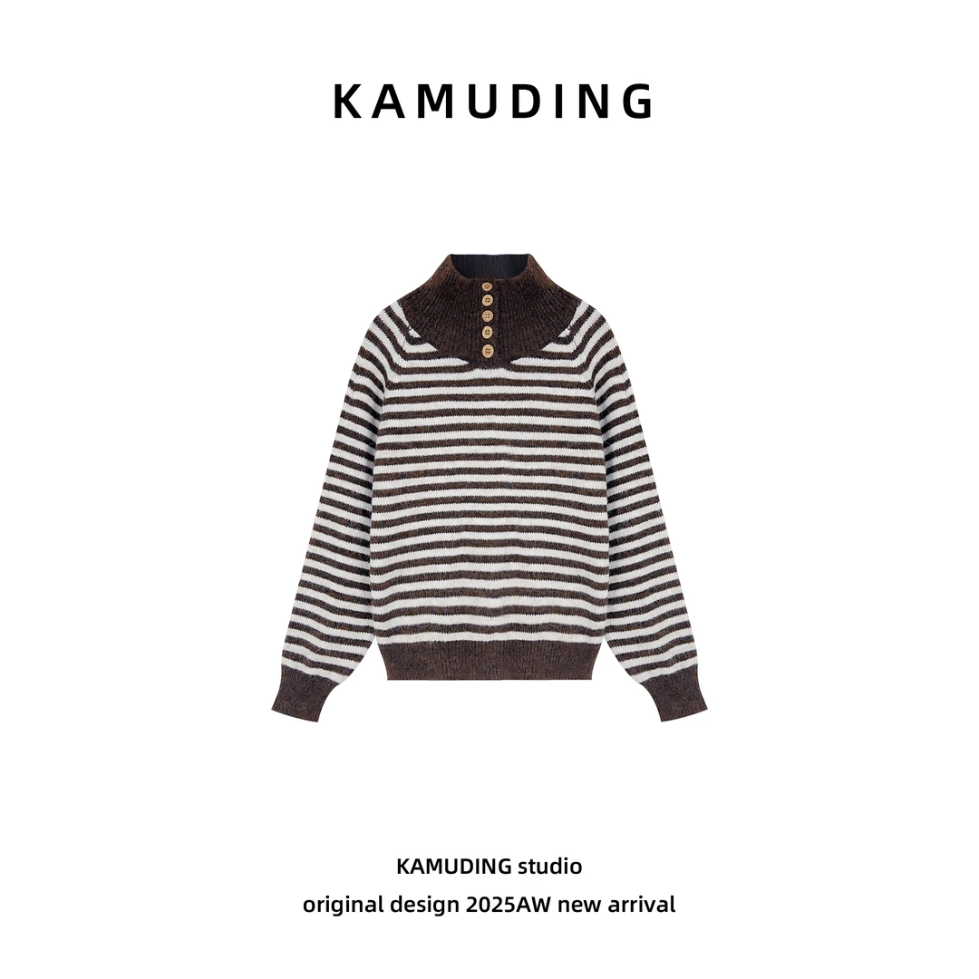 KAMUDING2025新款A复古风条纹半高领纽扣装饰保暖针织衫25322