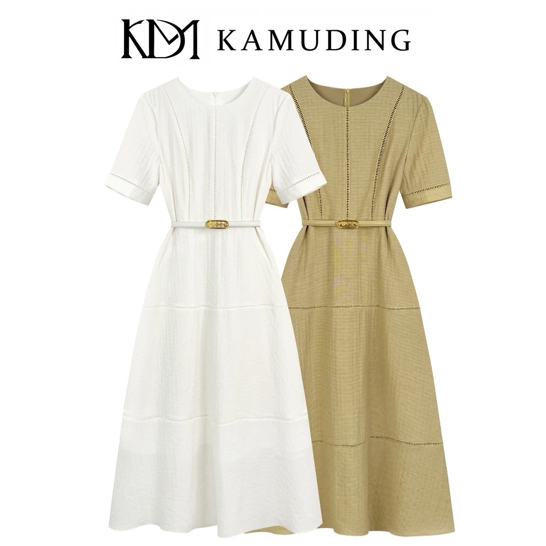 KAMUDING2025新款法式复古气质镂空设计圆领收腰显瘦连衣裙8752