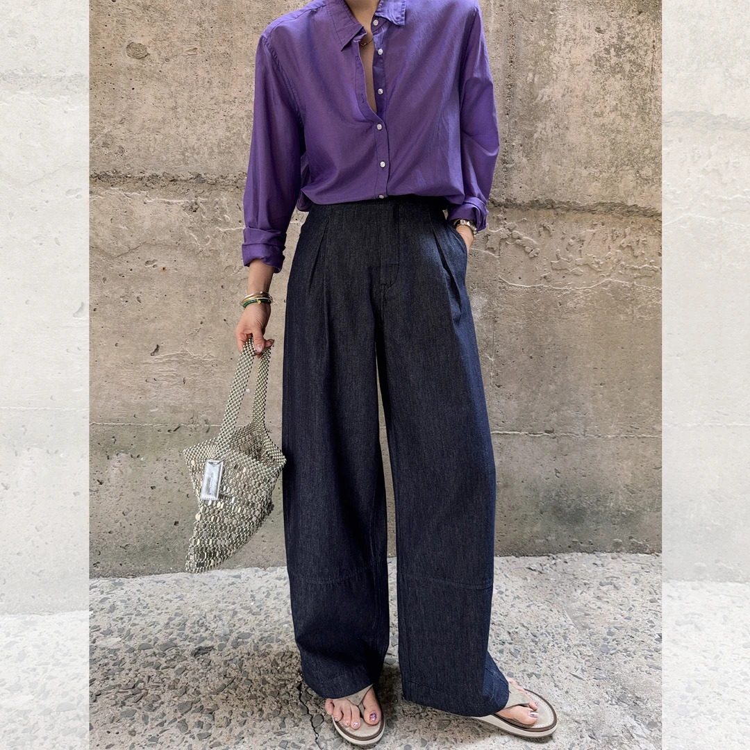 莉贝琳sisy不易掉色牛仔裤轻薄直筒高腰垂坠阔腿长裤子S25206JN01