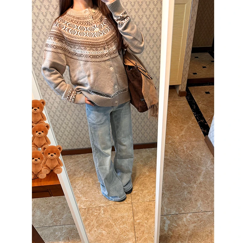 费尔岛提花长袖针织开衫男秋季慵懒风复古毛衣外穿松弛感情侣外套