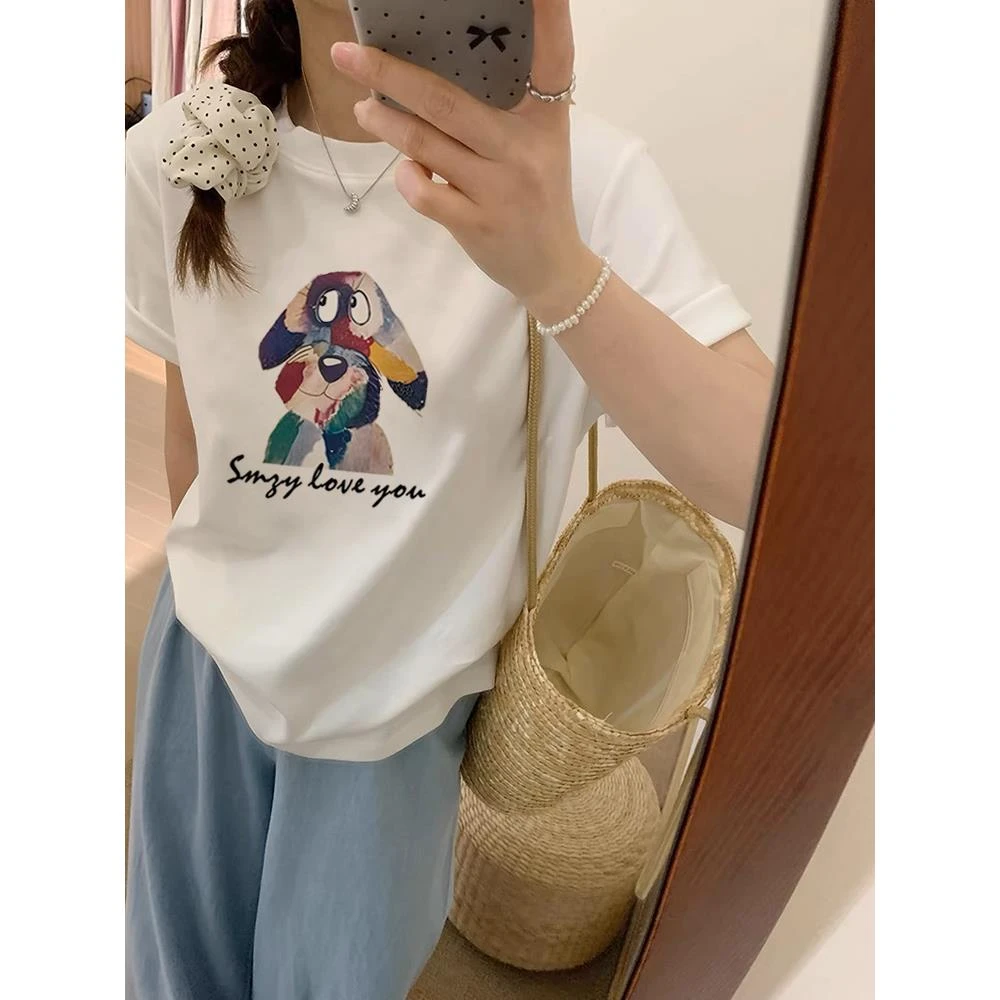 夏季短袖常规款平口下摆T恤女白色小众设计感正肩时尚短袖t睡衣女