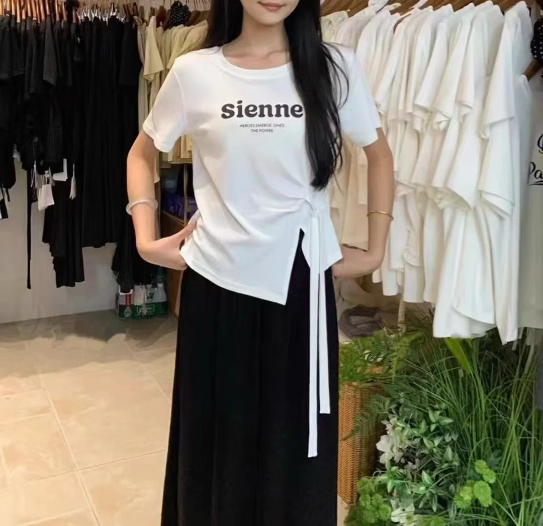 夏季韩系百搭显瘦字母印花侧边绑带收腰T恤