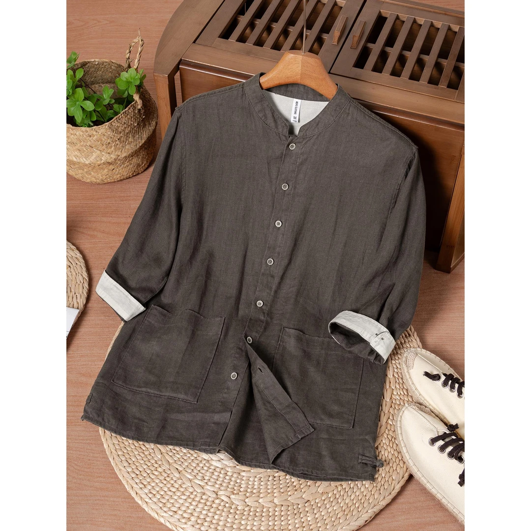 ICCLEK纯亚麻七分袖盘扣衬衫男新款新中式休闲百搭衬衣宽松上衣男