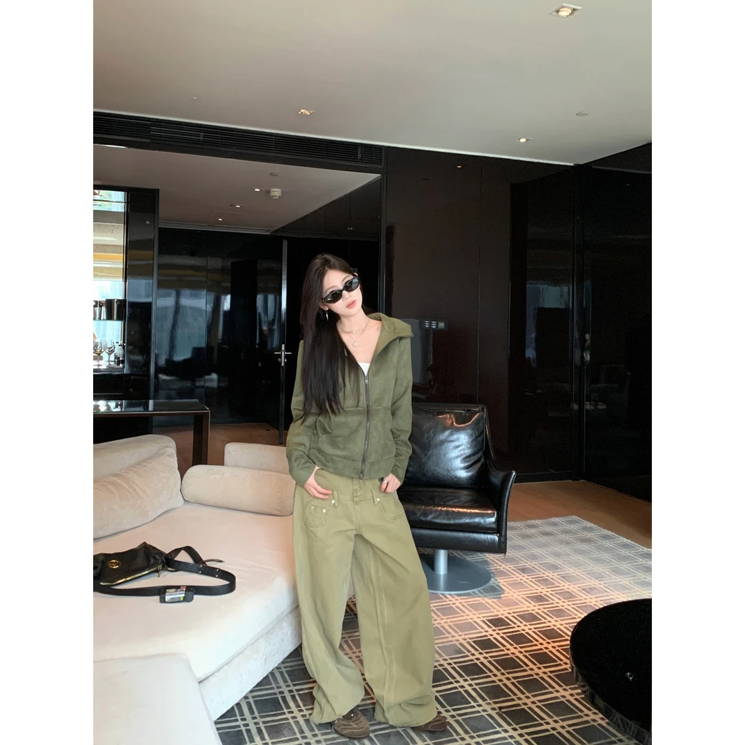 卫衣开衫运动户外休闲绿色连帽短款时尚百搭秋季薄款纯色美式复古