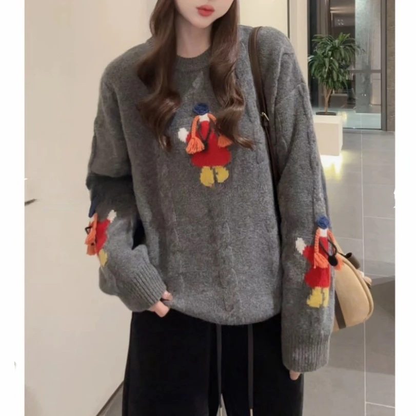 小众设计氛围感卡通人物圆领麻花毛衣2025新款秋冬宽松套头针织衫