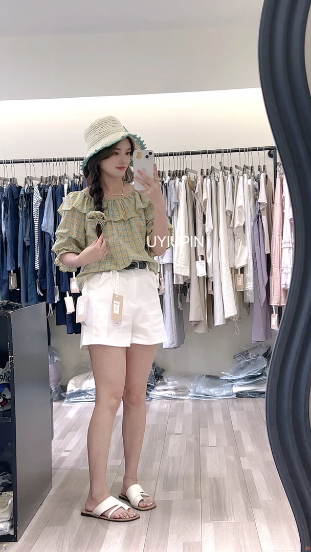 UYIUPIN韩版淑女格子花边领宽松短袖衬衣复古风夏季新款079750137