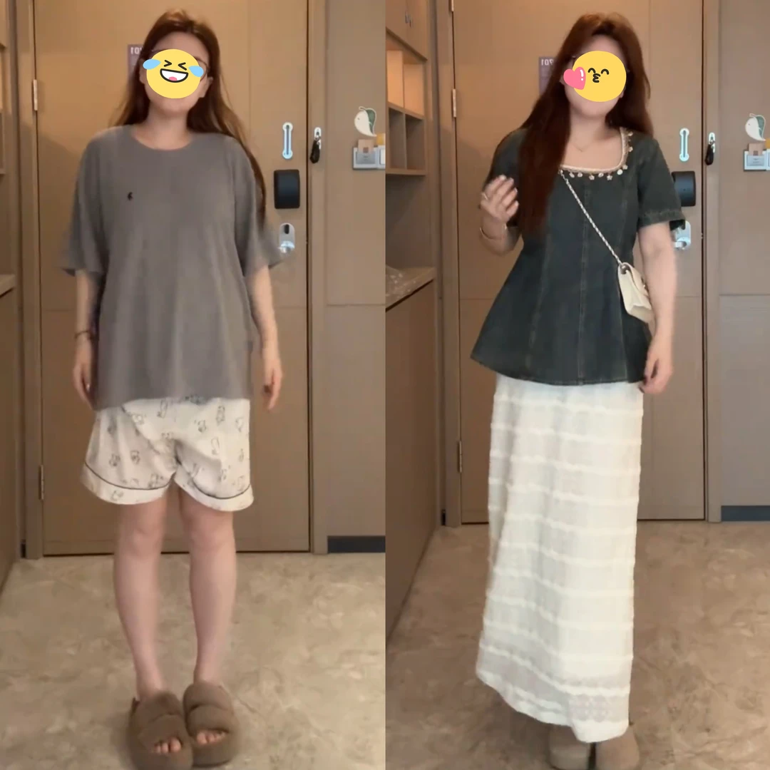 大码韩系复古花边领短袖牛仔上衣女夏胖mm花边半身裙显瘦两件套