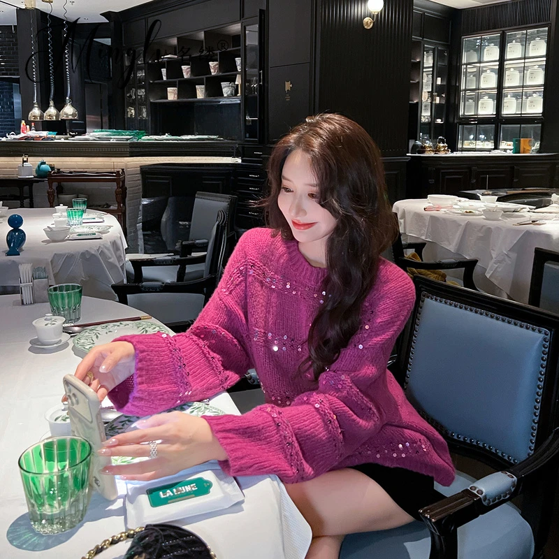 圆领高端慵懒风宽松2026秋冬季新款亮片减龄时尚百搭针织衫上衣女