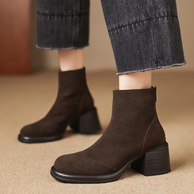 6.5cm~法式复古磨砂翻毛皮粗跟马丁靴女2025秋冬新款圆头高跟短靴