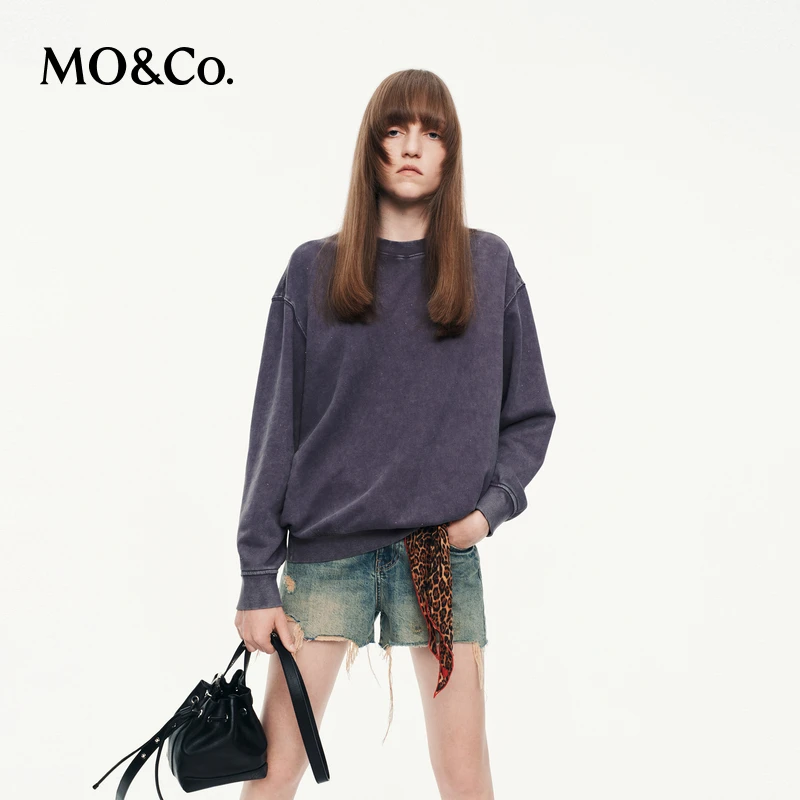 MOCO卫衣2025秋新品棉质美式钻饰怀旧洗水落肩轻摇滚风MBE3SWST01