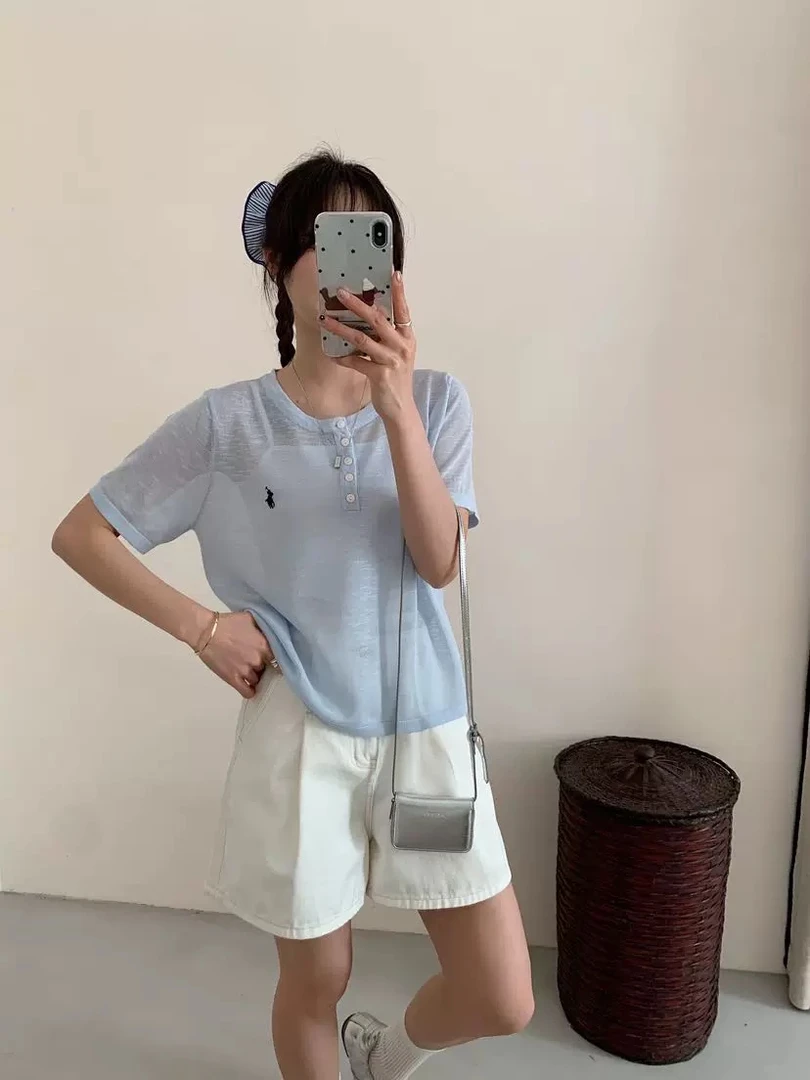 半开圆领短袖T恤女2025夏季新款韩系简约显瘦宽松休闲百搭上衣薄