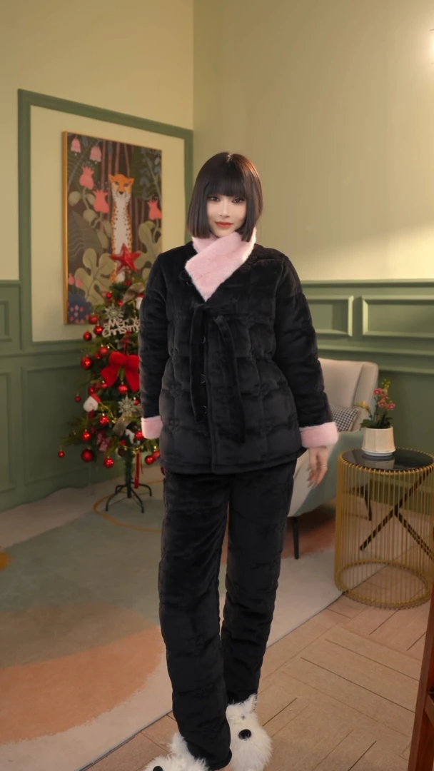妍色物语【粉锦】短款睡衣女套装三层夹绵限定时尚家居服长袖保暖款