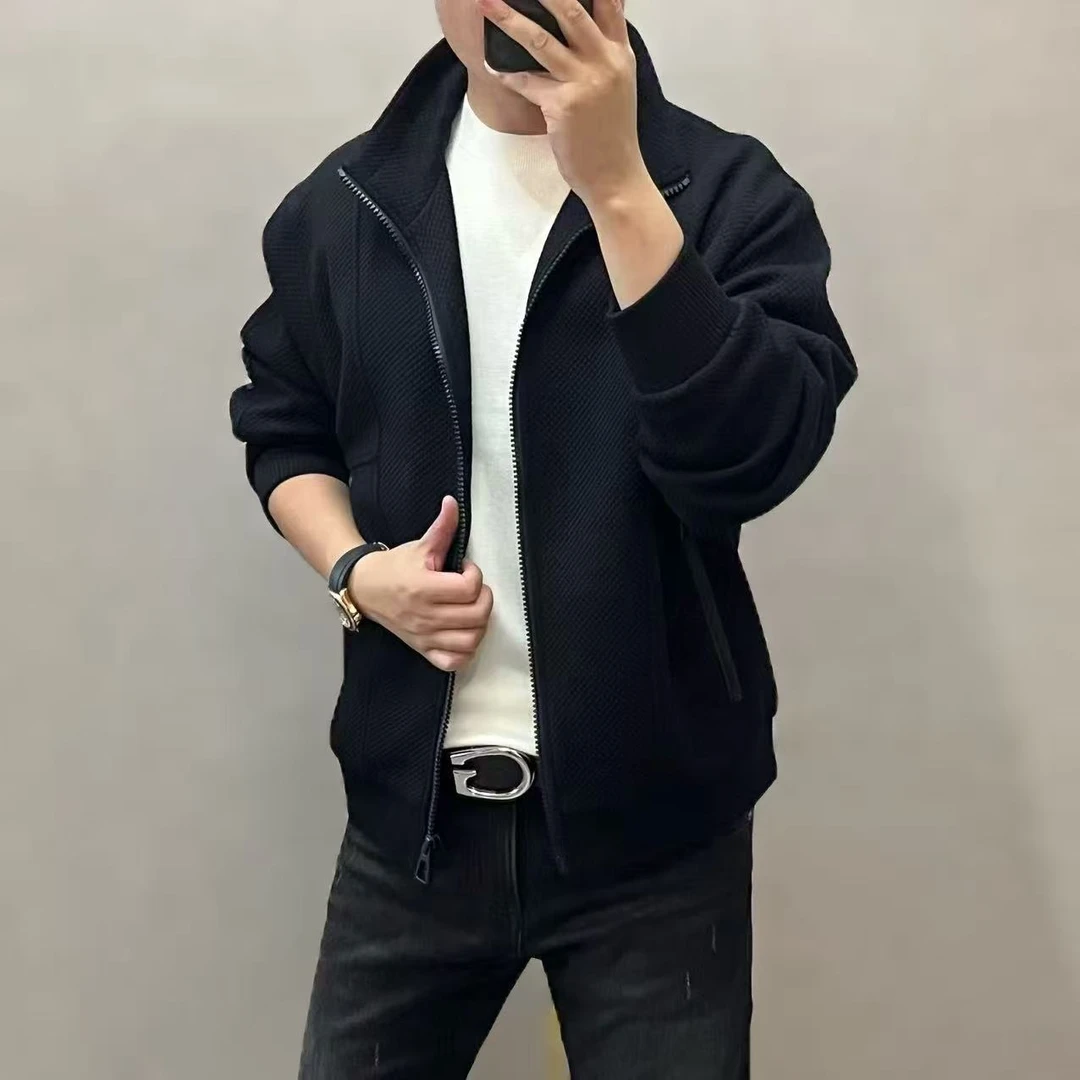 新款高端男士纯色休闲针织拉链立领夹克外套6001