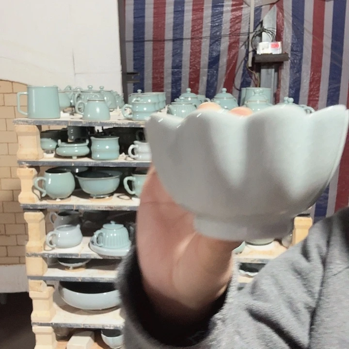 陶摆件汝瓷莲花杯支钉烧仿古月白釉微瑕