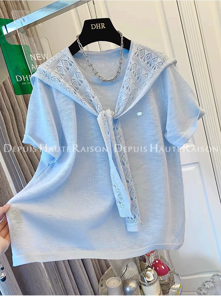 大码独特超好看法式气质钩花蕾丝披肩短袖T恤针织衫宽松两件套夏