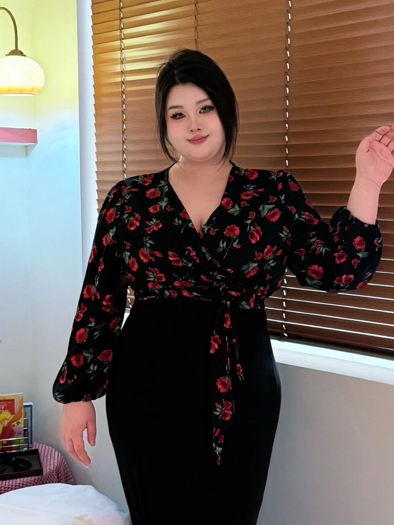 0300斤大码一片式碎花长袖衬衫女春秋设计感小众气质宽松显瘦港风