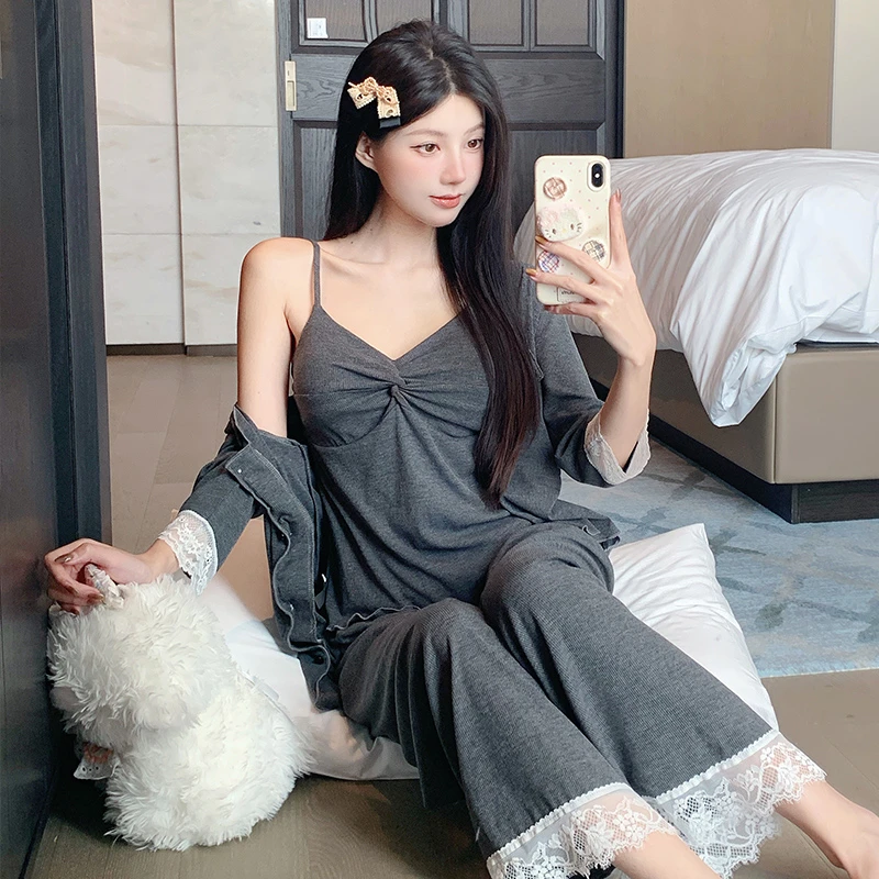 2025夏季新款睡衣女莫代尔法式性感纯欲风吊带长裤三件套家居服