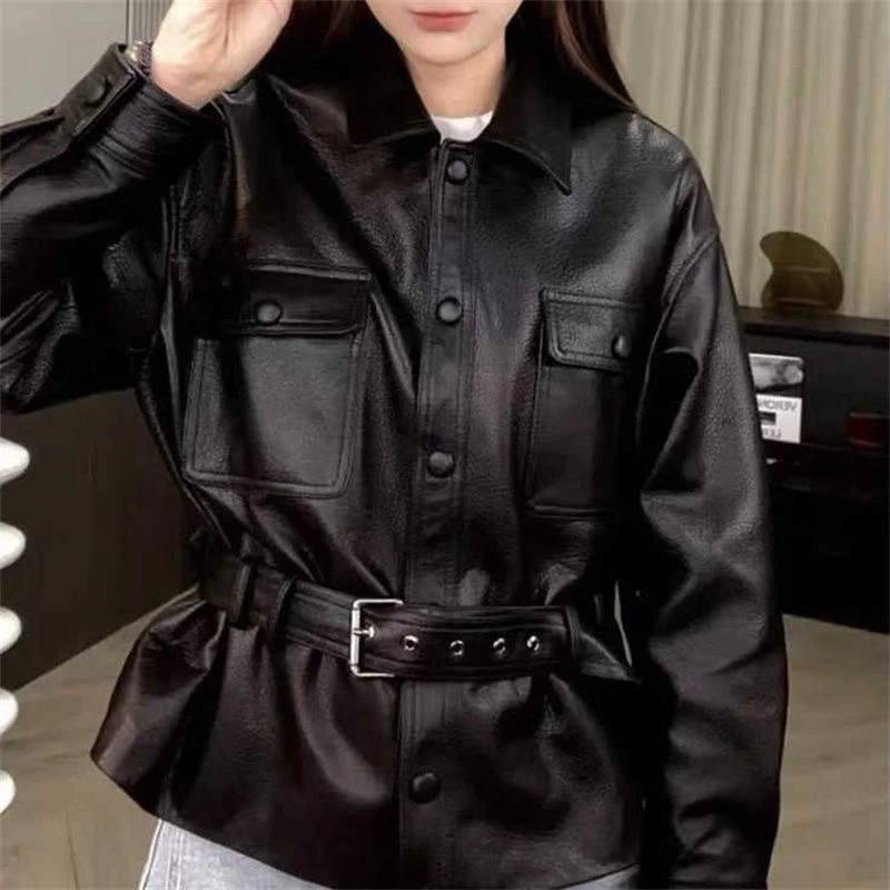 春季新款皮衣轻奢高级感荔枝纹收腰宽松显瘦韩版时尚经典百搭外套