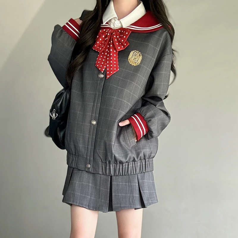 布丁熊原创JK制服【井源】学院风海军领棒球服卫衣外套格子裙套装