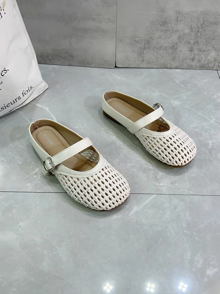 编织白色包头镂空休闲平跟圆头包头拖百搭田园风