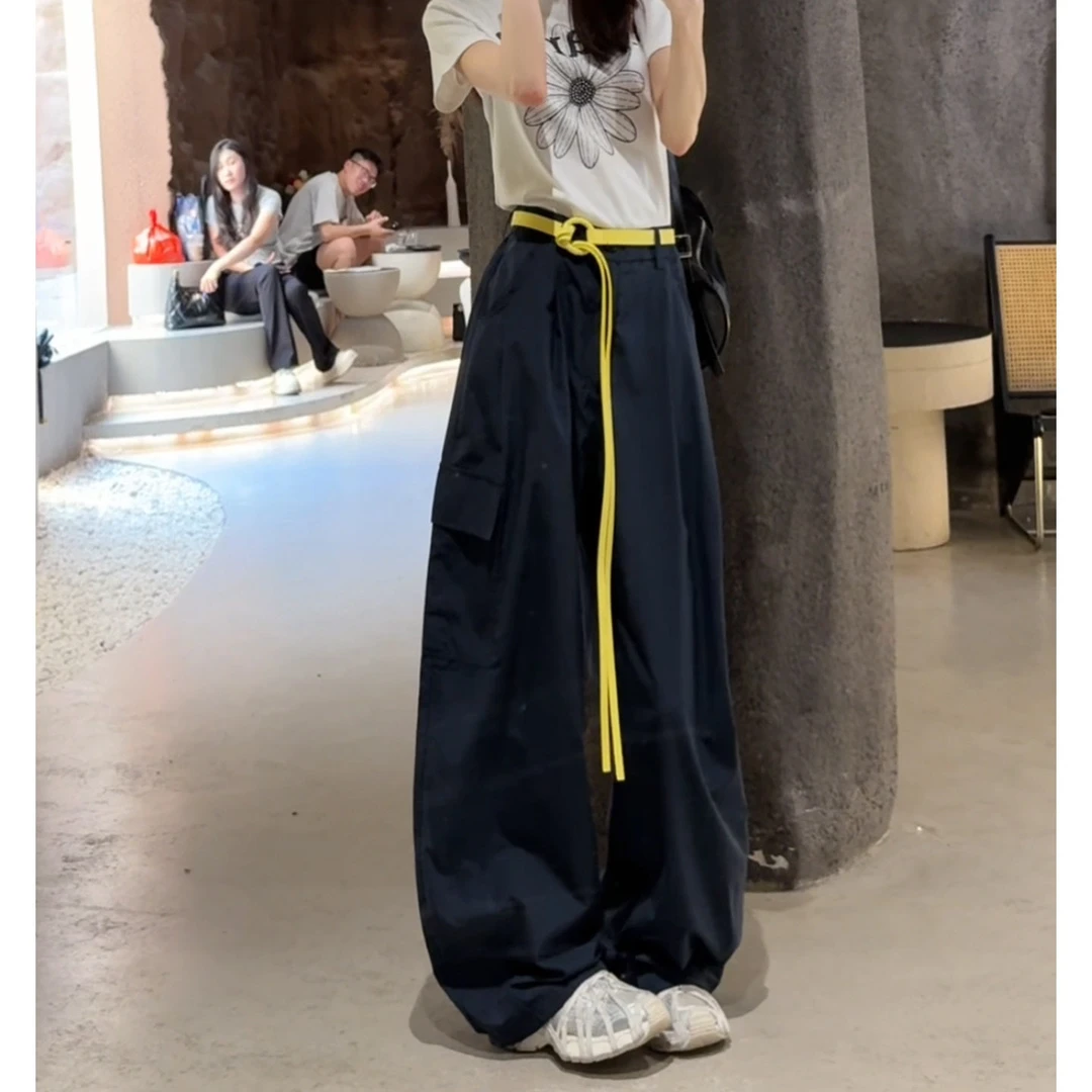 藏青纯色速干阔腿工装裤女2025夏季新款宽松直筒休闲弯刀长裤子潮