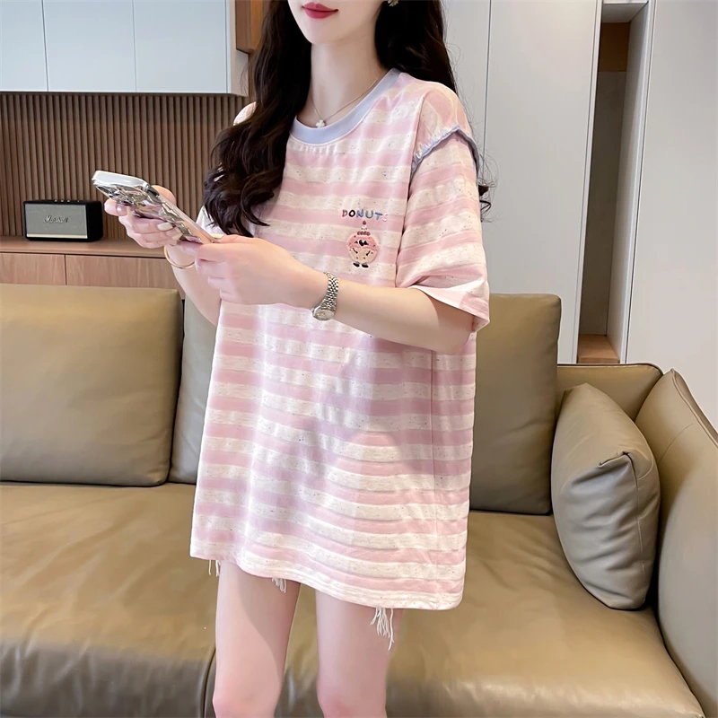 纯棉遮屁股上衣夏季正肩时尚洋气时髦短袖t恤女新品爆款条纹体恤