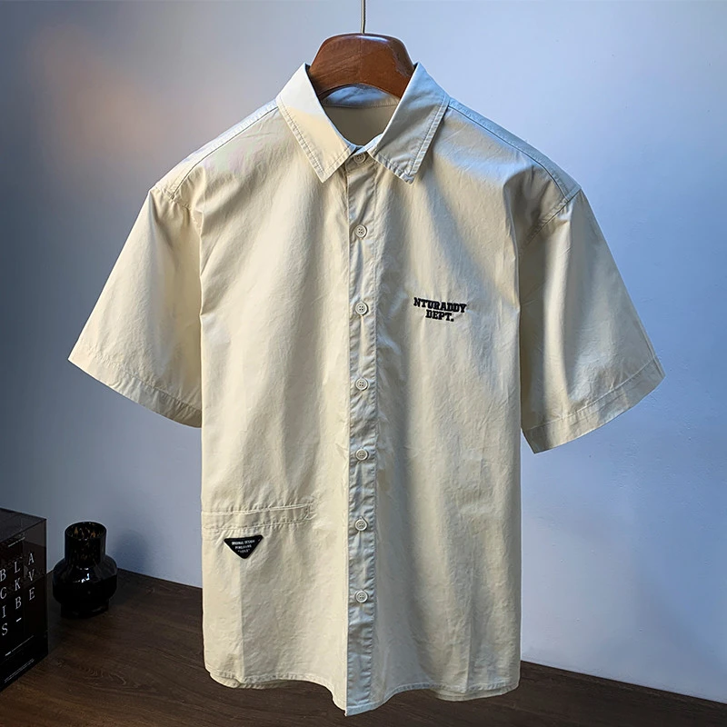 纯棉夏季衬衫男简约绣花车标翻领短袖潮流高级感五分袖全棉衬衫男