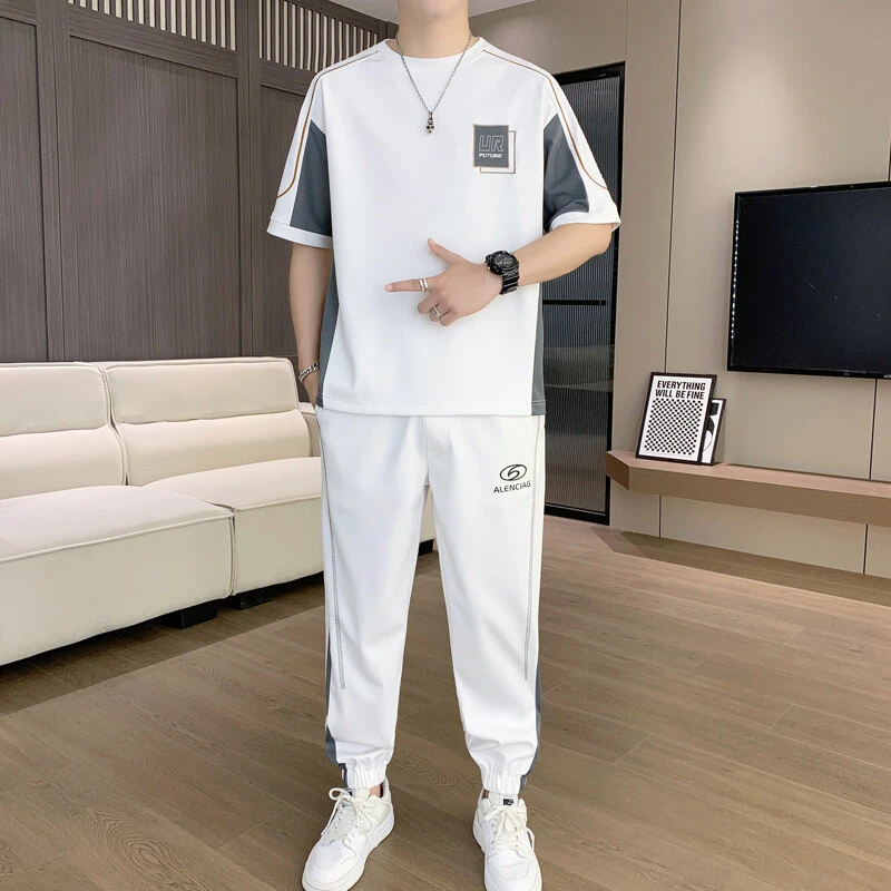 夏季半袖帅气ins青年学生t恤潮牌长裤子字母印花短袖重磅潮流宽松